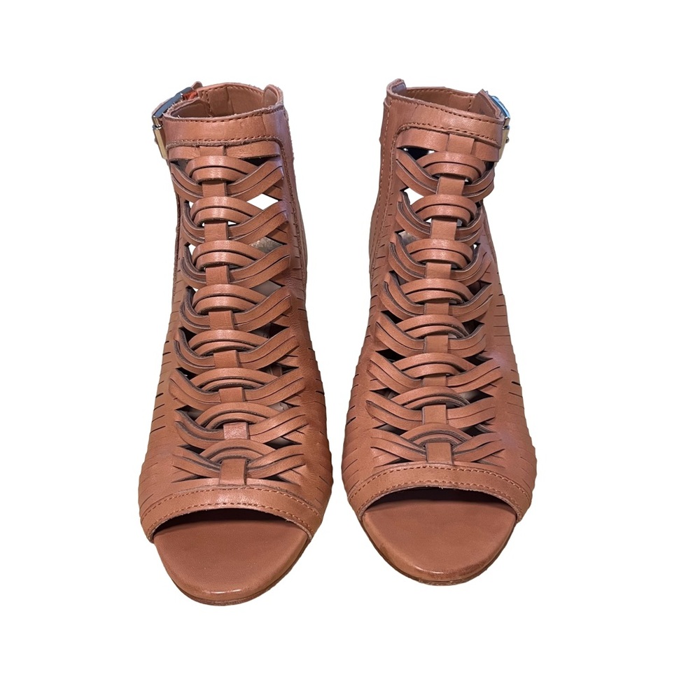 Vince Camuto Emore Brown Tan Leather Women Sz 6.5 Cage Heel Peep Booties EUC - Picture 2 of 9